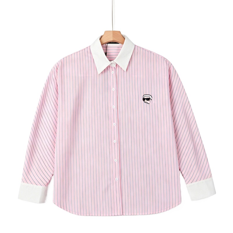American Brand K-Er 26 Women's Pink Striped Cartoon Embroidered Long-Sleeve Turn-Down Collar Loose Casual Shirt