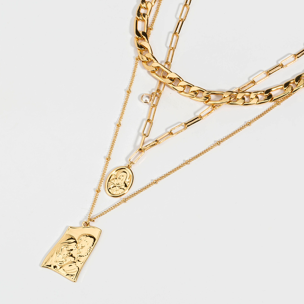 Hip-hop Cuban Chain Multi-layer Necklace With Character Tag_voghion.com