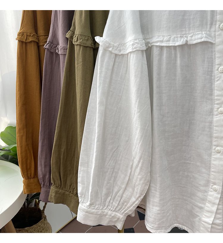 Women's Cotton Linen Blouse With Ruffles And Lantern Sleeves_voghion.com