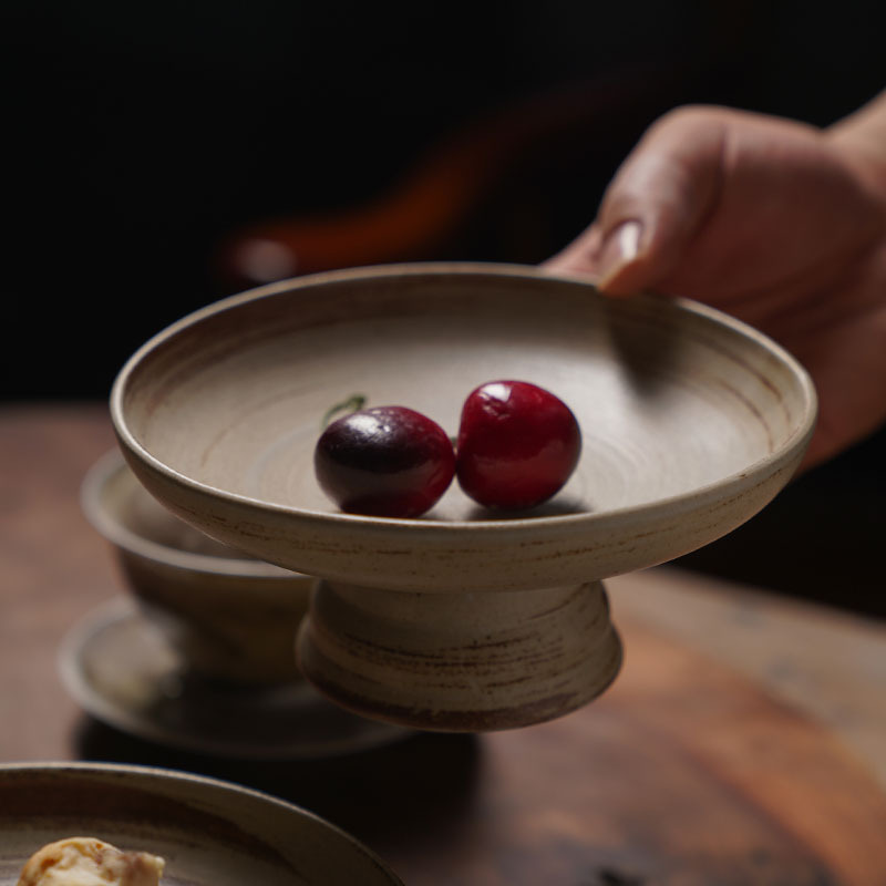Coarse Pottery Chinese-style High-foot Refreshment Plate Retro Style Tea Ceremony Zen Buddha-offering Dishes Ceramic High-foot Dried Fruit snack Plate