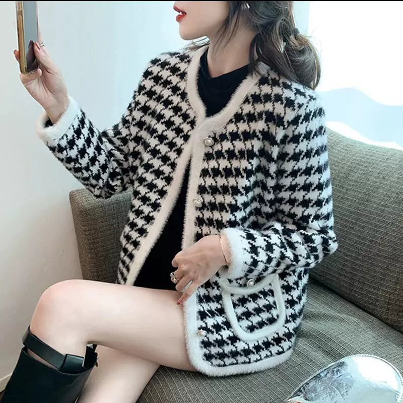Вязаная куртка на весну-осень для отдыха, кардиган в клетку в стиле Chanel, длинный рукав, свободный крой
