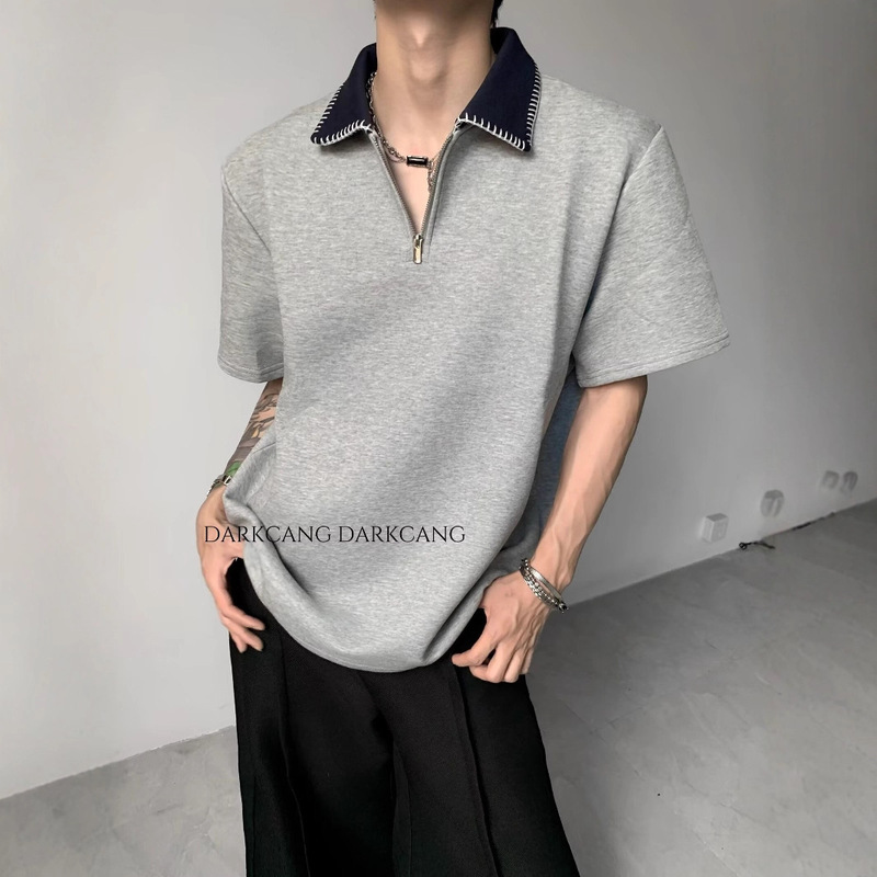 Half-Zip Contrasting Color Polo Shirt Short-Sleeved Men's and Women's Summer Design Braided Thread Lapel T-Shirt Loose and Versatile Top