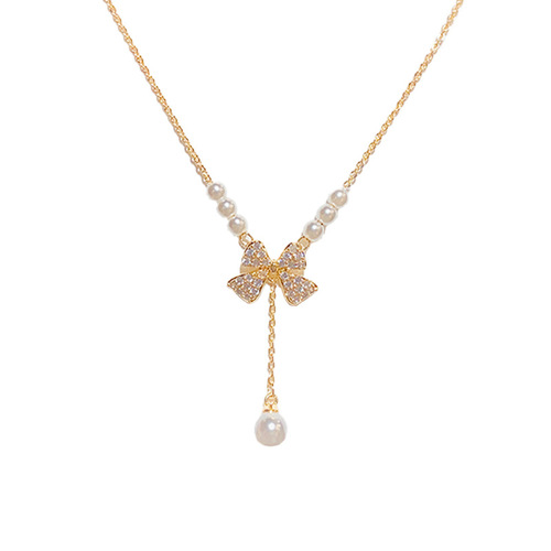 Sweet niche light luxury jewelry women's new bow pearl necklace pendant clavicle chain sweater chain