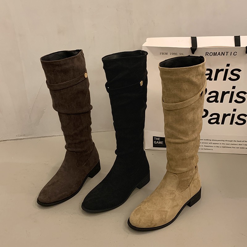2025 봄 신상 여성용 하이탑 나이트 부츠 프렌치 스타일 두꺼운 굽 라운드 토 스웨이드 가죽 부츠 유럽 및 미국 스타일 미드힐 부츠