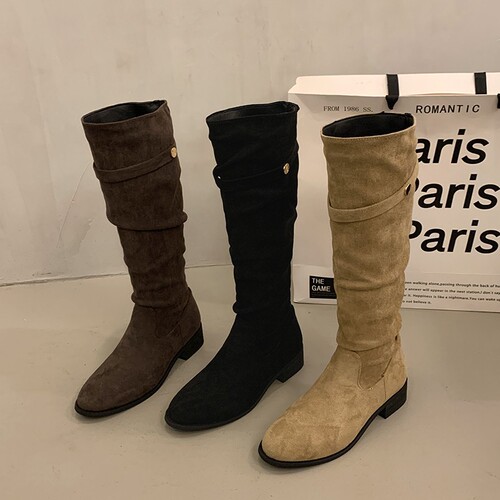 2025 Spring Women's High-Top Knight Boots, French-style Chunky Heel, Round-toe Suede Leather Boots, European & American-style Mid-Heel Boots