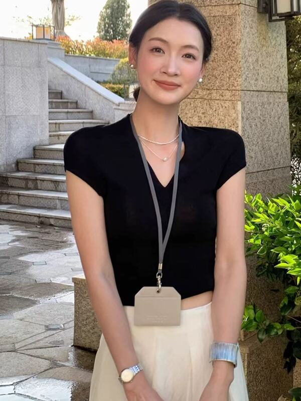 复古高级感V领小飞袖针织t恤女夏季新款通勤百搭修身显瘦短袖上衣|undefined