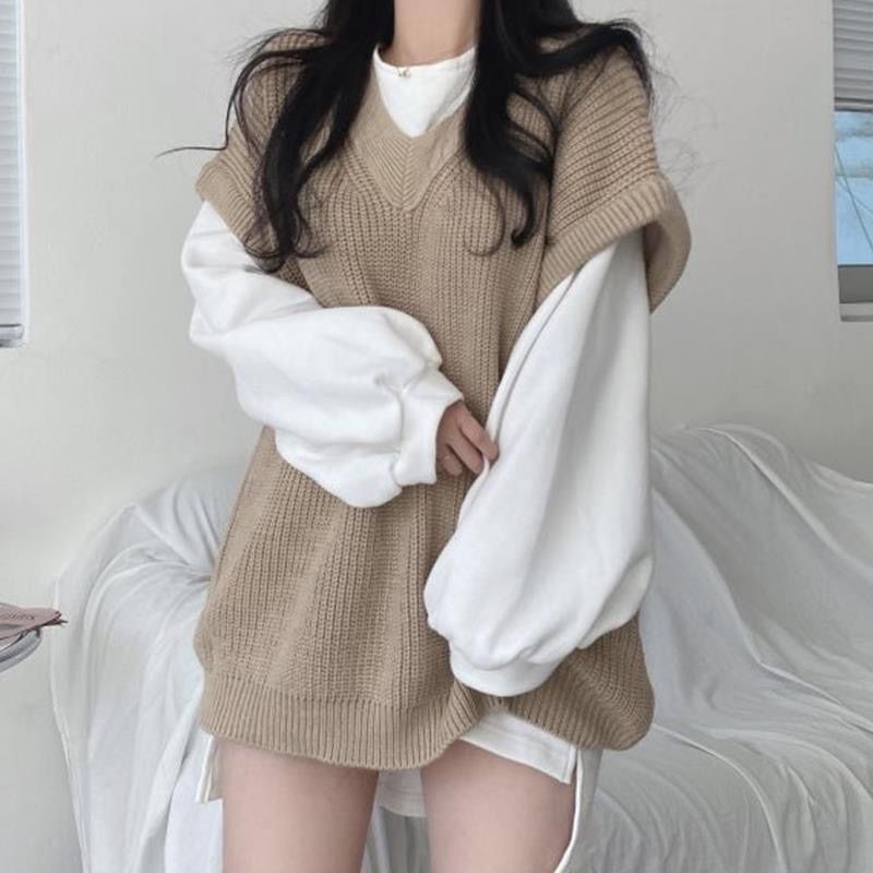 Wholesale Single Item/Set Spring and Autumn Korean Style French Slit Long-Sleeve Top + Casual Knitted Sweater Vest for Women Trendy