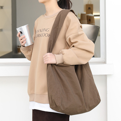 Korean retro washed canvas bag ins casual wide shoulder strap shoulder bag internet celebrity fashion solid color crossbody bag women's bag