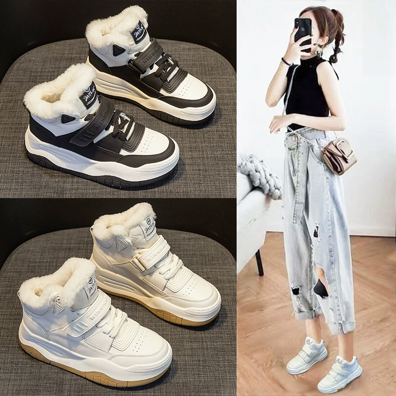 Толстые высокие снежные сапоги женские зимние 2024 новые бархатные северо-восточные хлопковые туфли повседневные виды спорта толстые подошвы маленькие белые туфли