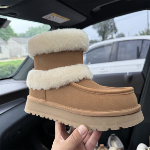 New Double-Layer Fur-Edged Cowhide Wool Snow Boots for Women, Autumn and Winter New Thick-Soled Mid-Tube with Fleece for Warmth