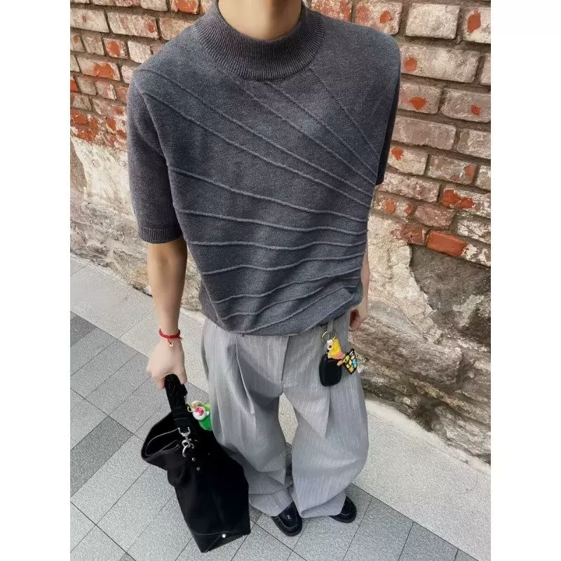 灰色散线提花针织短袖T恤男夏季老钱风正肩上衣cleanfit美式半袖