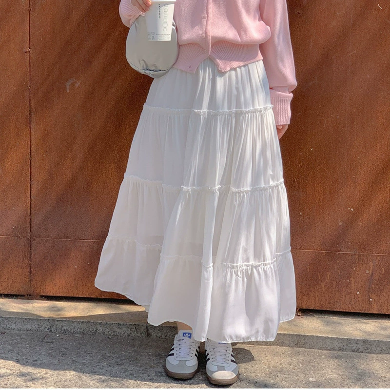 Корейская шикарная летняя элегантная носимая юбка-тортик, однотонная нежная юбка-зонтик, универсальная юбка средней длины с высокой талией