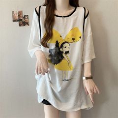 アイスシルク大きいサイズしわ漫画プリント中空半袖 Tシャツ女性のための夏 2025 新しいルーズファッショントップス女性のための