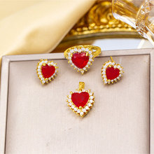 网红红色爱心锆石小众时尚新款设计高级感吊坠耳钉戒指气质套装