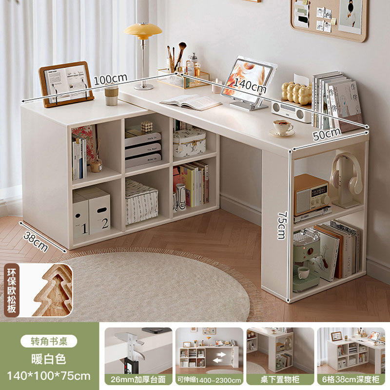 Escritorio al lado de la cama del dormitorio de las niñas con estantería, tocador, escritorio de computadora de esquina de un cuerpo, banco de trabajo retráctil