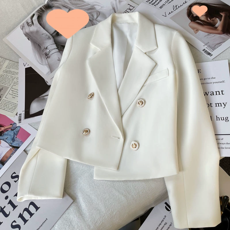 Женский белый двубортный блейзер, приталенный, однотонный, миниатюрный, элегантный, с длинными рукавами, короткий костюм, весна 2025