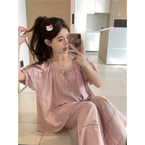 South Korea Ins Women's Korean-style Sweet Princess-style Loose Hollow-out Lace Loose Comfortable Short-sleeved Trousers Home Clothes