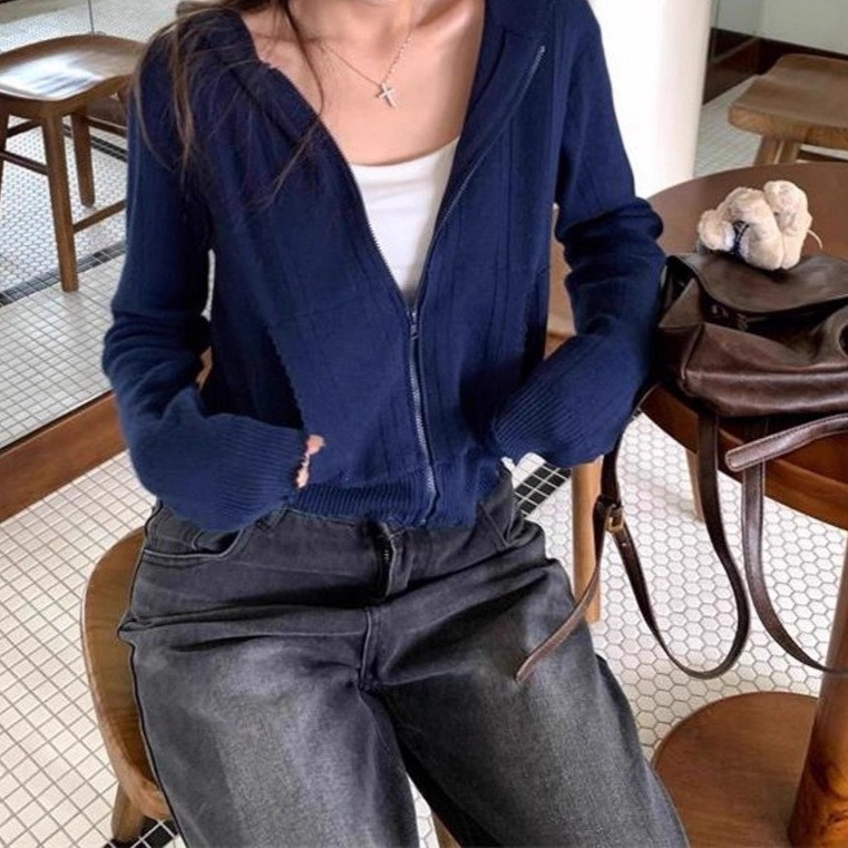 条纹连帽长袖针织衫外套女2025秋季新款韩系显瘦短款开衫上衣chic|undefined
