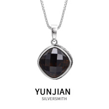 s925纯银菱形天然茶晶吊坠做旧复古风高级感个性几何锁骨项链挂坠