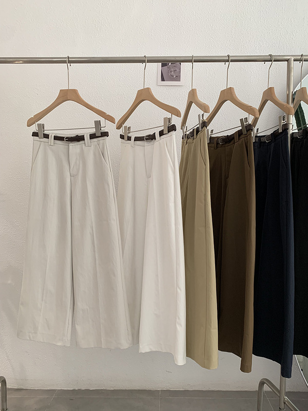 Omalai 無地ハイウエストストレート9点パンツ カジュアルパンツ ベルト付き 秋ファッション 万能 シンプルパンツ 4089|undefined