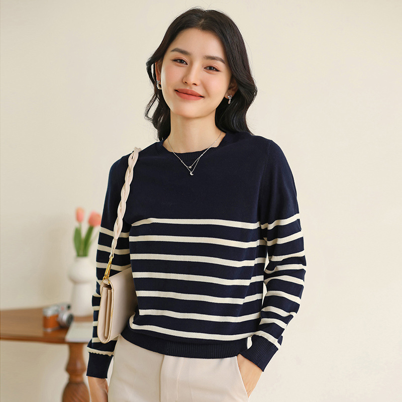 Spring and Autumn New 100% Cotton Knit Sweater, Round Neck Pullover, Long-Sleeve Cotton Base Shirt for Women, Striped Inner Wear