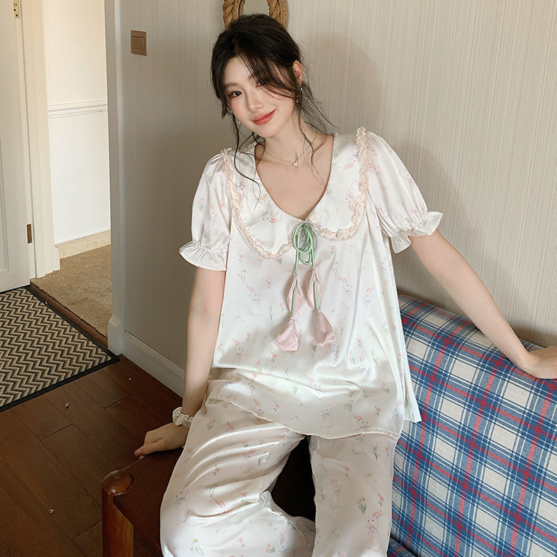 French Pajamas Set for Women Summer New Sweet and Cute Style Short-Sleeved Trousers Home Clothes Satin Suit Can Be Worn Outside