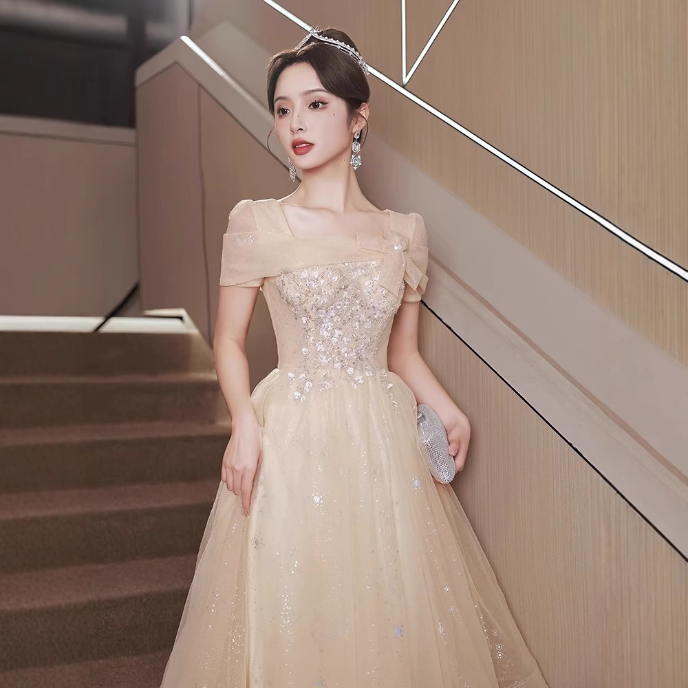 Champagne-Colored Evening Dress New Style Petite Birthday Party Elegant Light Luxury Niche Host Daily Wear Dress