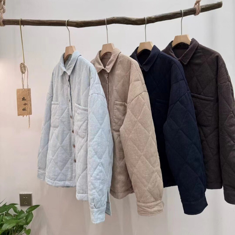 Retro Literary Quilted Cotton Hemp Cotton Outwear for Women Early Winter New Loose Casual Simple Versatile Shirt Jacket for Women