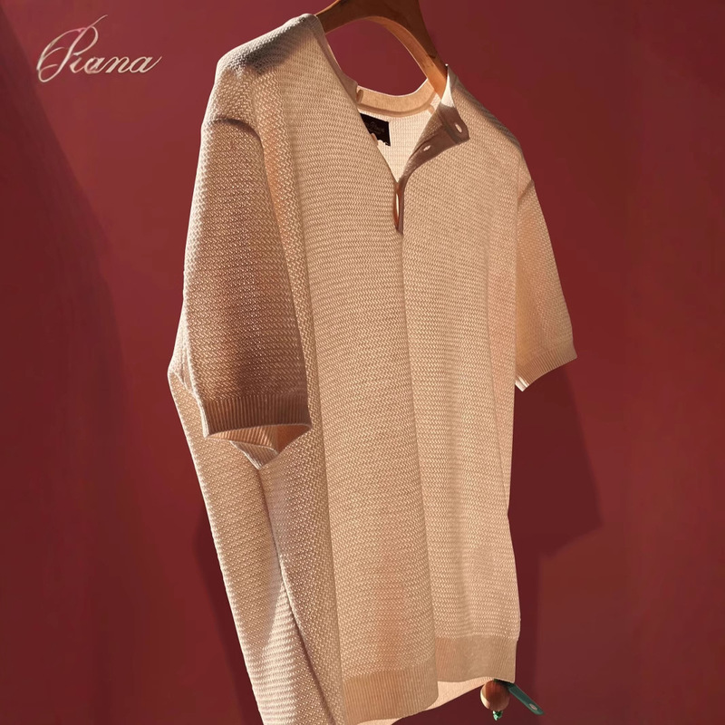 Handsome and Stylish ~ High Luxury Italian Old Money Style Summer Lyocell Linen Cut Out Knitted Henley Collar Men's Short-Sleeved T-Shirt