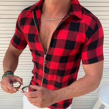 2025跨境欧美格子印花衬衫男士修身时尚拉链开衫短袖衬衫批发