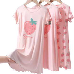 Girls Nightgown Modal Ice Silk Summer Thin Princess Style 9 Medium Children 12 Years Old Short Sleeve Strawberry Big Children Nightgown