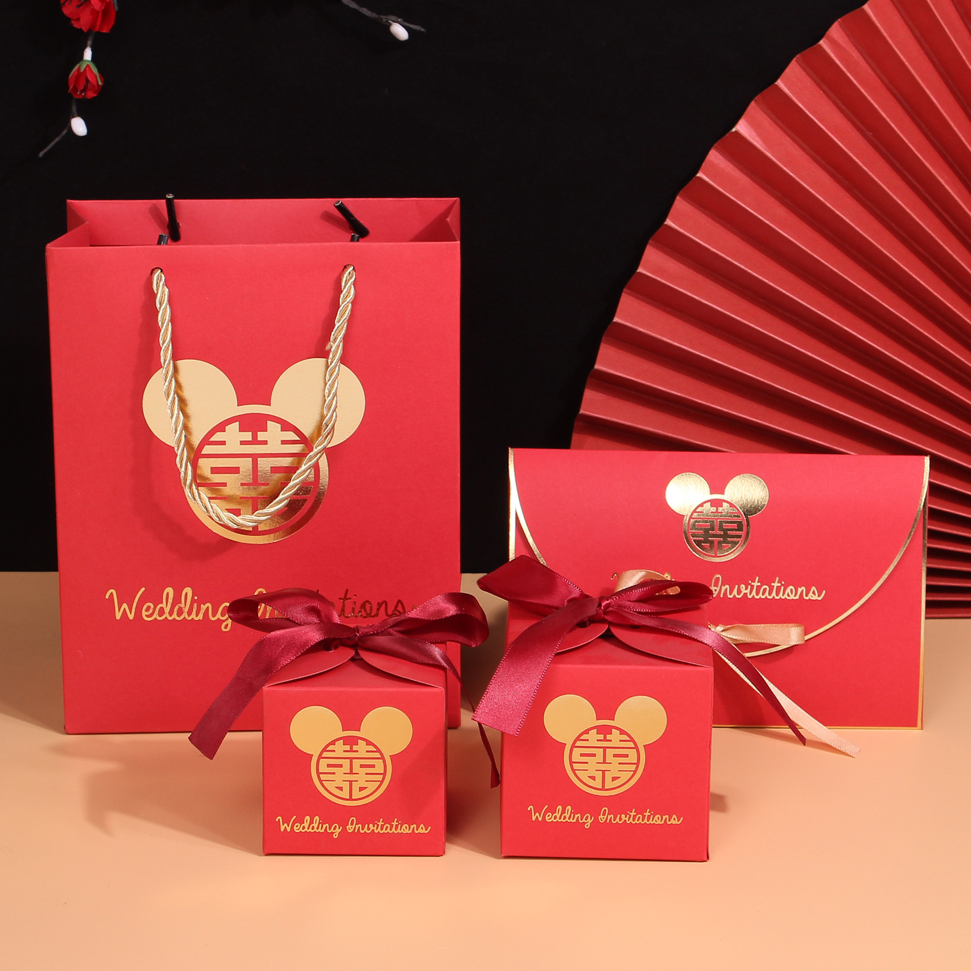 Mickey Mouse Red Cardboard Envelope Three-Piece Set Little Red Book Same Style Internet Famous Wedding Candy Box Wedding Candy Bag Candy Packaging Gift Bag 