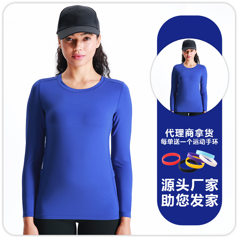 Camiseta de cuello redondo de manga larga deportiva transpirable de secado rápido para mujer, bolsillos bilaterales elásticos, ropa de fitness para correr informal suave y agradable para la piel