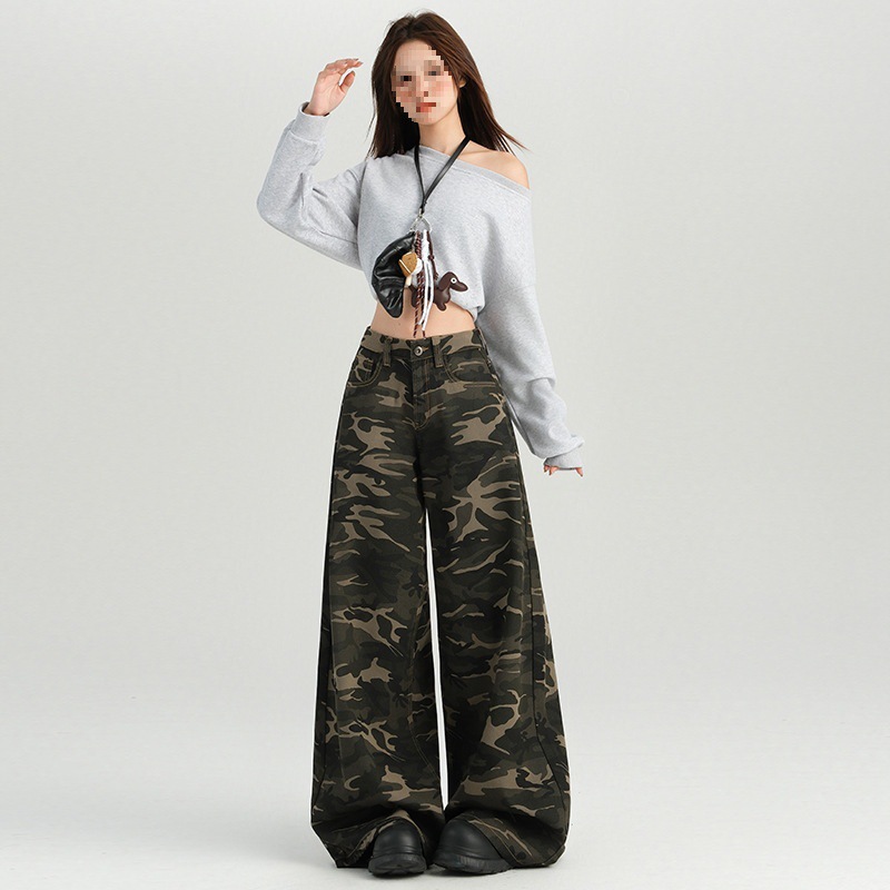 Pantalones casuales de pierna ancha de cintura alta de camuflaje retro americano para hombres y mujeres en la primavera y el verano de 2025