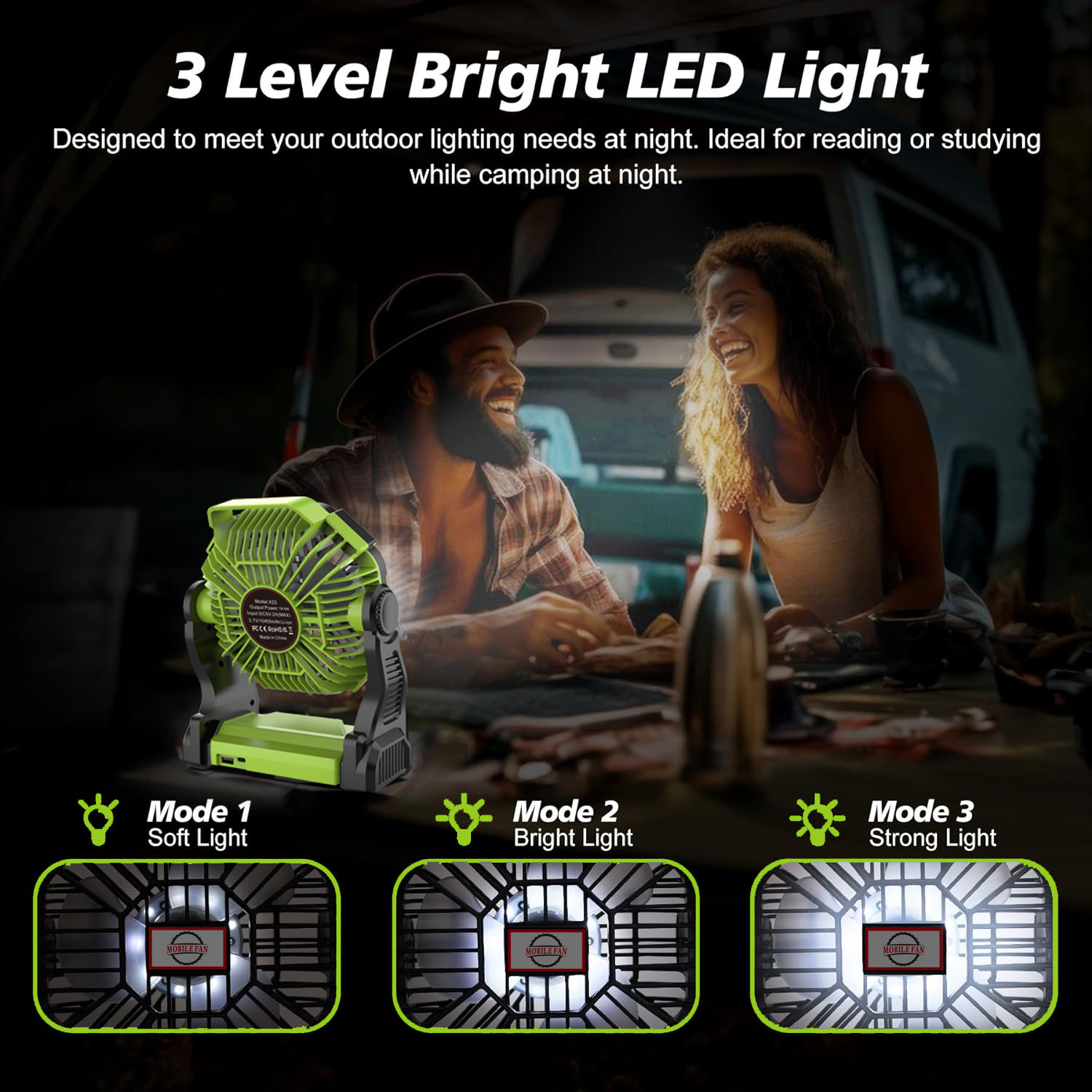 Lámpara Ventilador de Escritorio para Camping USB Recargable para Emergencia y Tienda de Campaña
