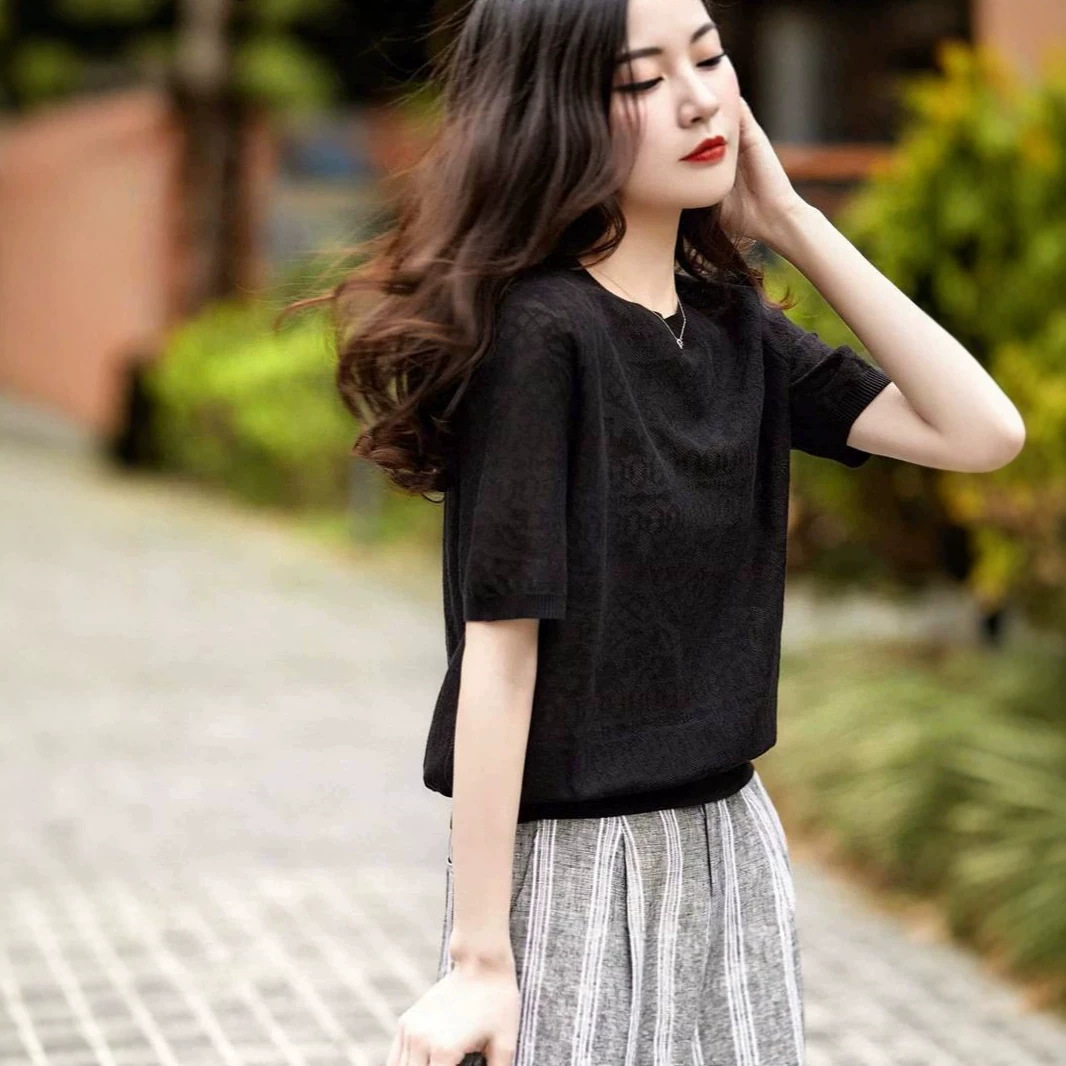 Áo thun nữ tay ngắn ren jacquard Hàn Quốc — đen chi tiết 2