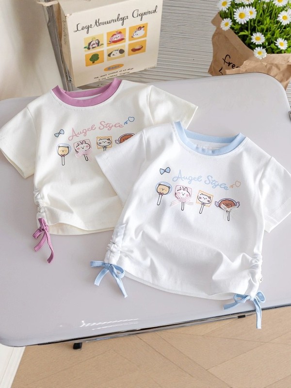 綿 100% 女の子半袖 Tシャツ漫画夏の新しいかわいい巾着スタイル半袖女の赤ちゃんカラーブロックトップ|undefined