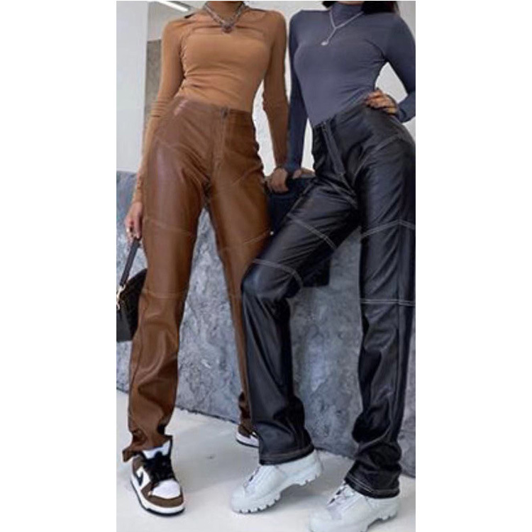 2023 AliExpress Amazon nuevo bolsillo de las mujeres pantalones de cuero rectos pantalones casuales a rayas retro pantalones INS para las mujeres