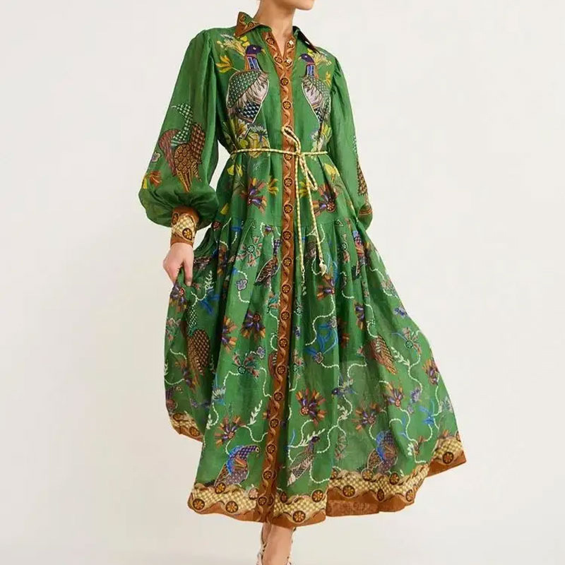 Women Clothing Vintage Printed Lantern Sleeve Waist Controlled Large Hem Dress