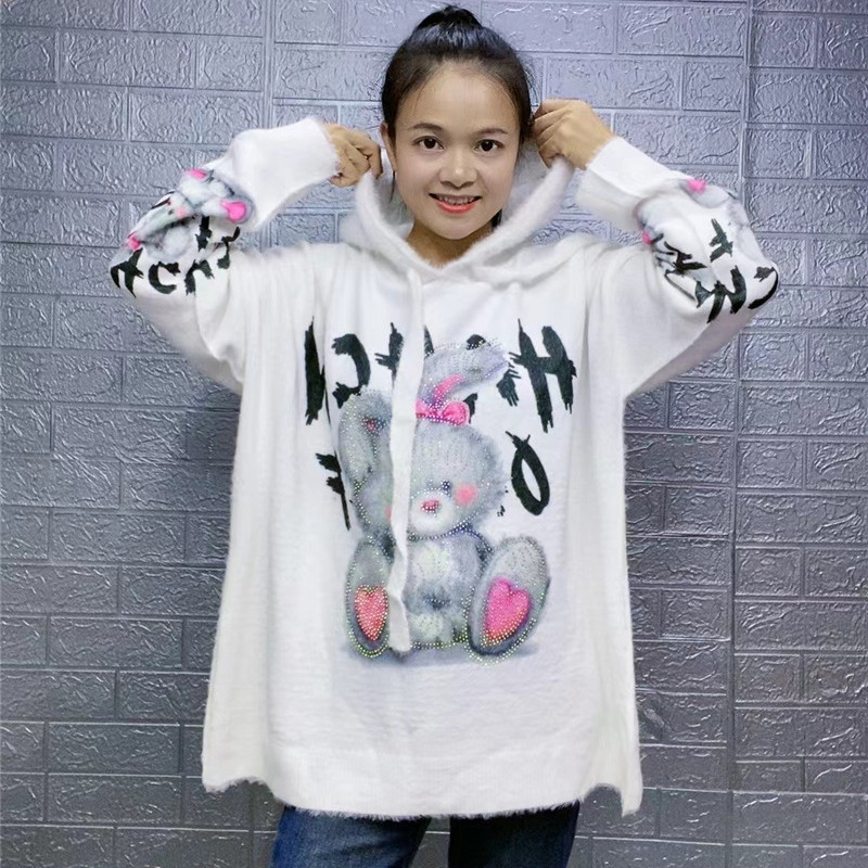 European-made Hot-drilling Sweater Cartoon Rabbit Print Women's plus size Hooded Sweater Imitation Mink Velvet Loose Knit Top