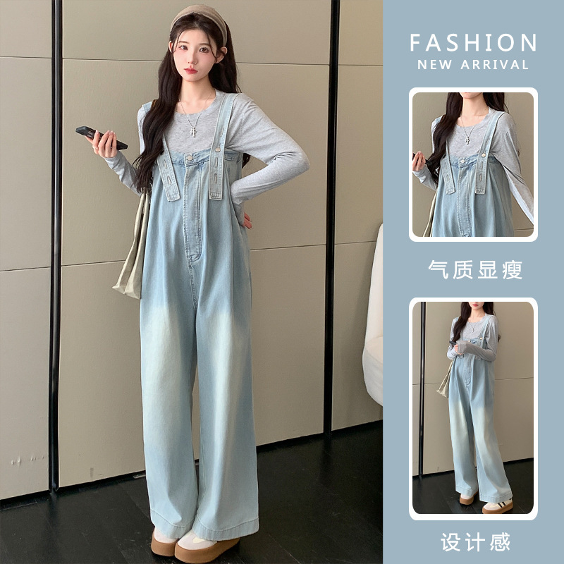 孕妇秋装套装2025新款牛仔背带裤时尚长袖春秋季宽松大码两件套女|undefined