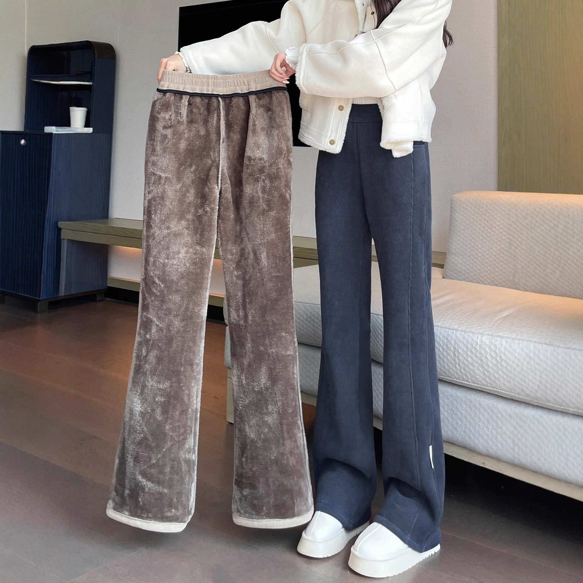 Chenille Fleece-Lined Thickeneded Micro-Flared Pants for Women in Autumn and Winter New Style Women's Warm Cashmere Corduroy Cotton Pants
