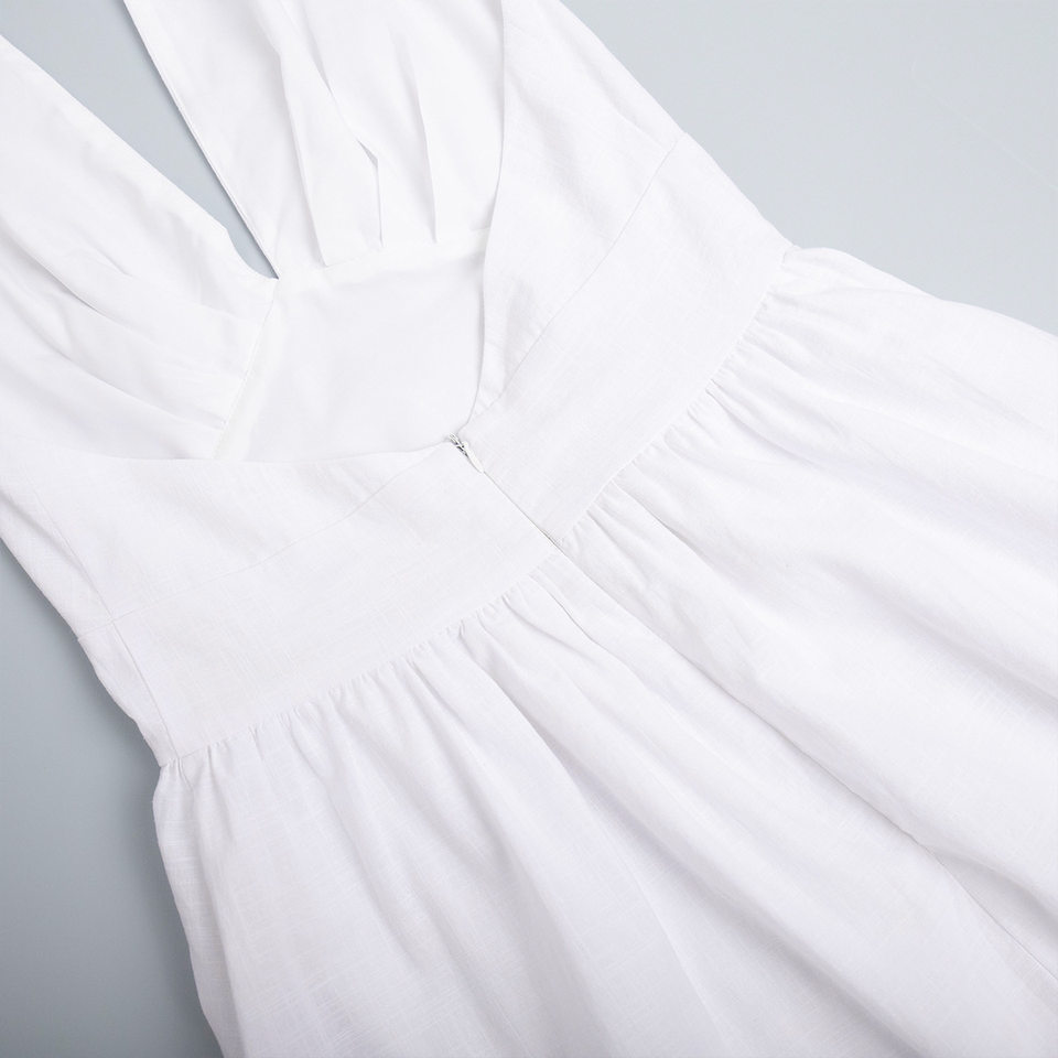 Đầm liền dáng dài 100% cotton cổ chữ V thắt eo buộc dây vạt xòe rộng — Màu mơ, Màu trắng, Màu xanh da trời, Màu xanh lá chi tiết 15