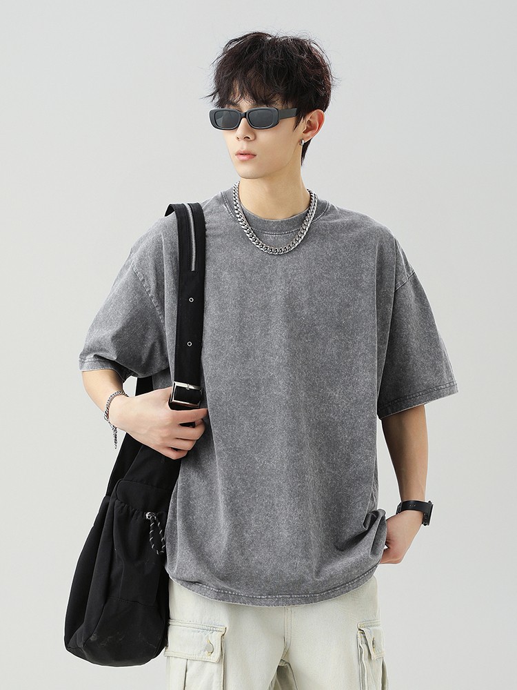 Camiseta de manga corta para hombre, estilo retro con lavado efecto nieve, 240g, nuevo estilo de verano, camiseta básica de algodón puro texturizado estilo japonés con cuello redondo q