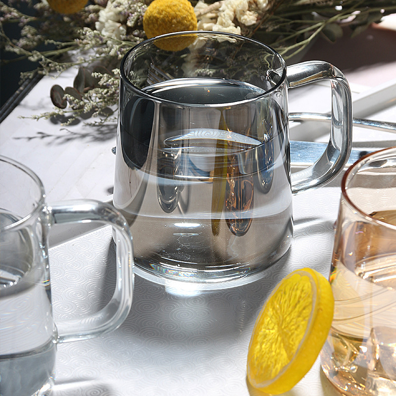 Taza de café de vidrio Aurora colorida con asa, taza de vidrio para el hogar de alto valor, taza de desayuno, sentido avanzado