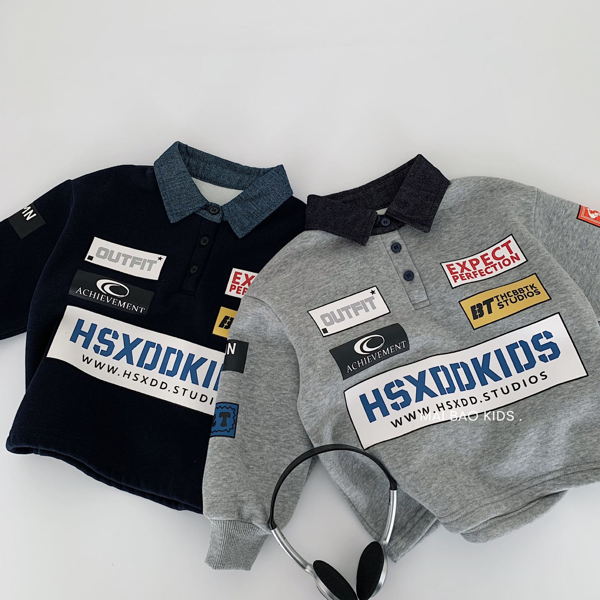 麦宝儿童加绒卫衣2025冬装新款潮男童字母翻领套头衫湖州织里童装