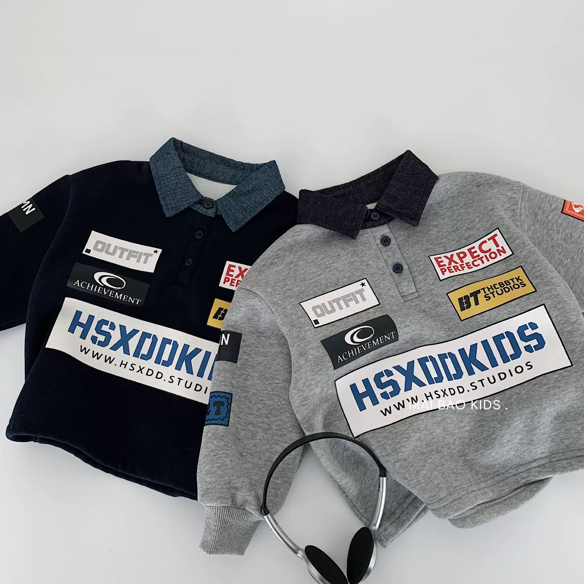 麦宝儿童加绒卫衣2025冬装新款潮男童字母翻领套头衫湖州织里童装