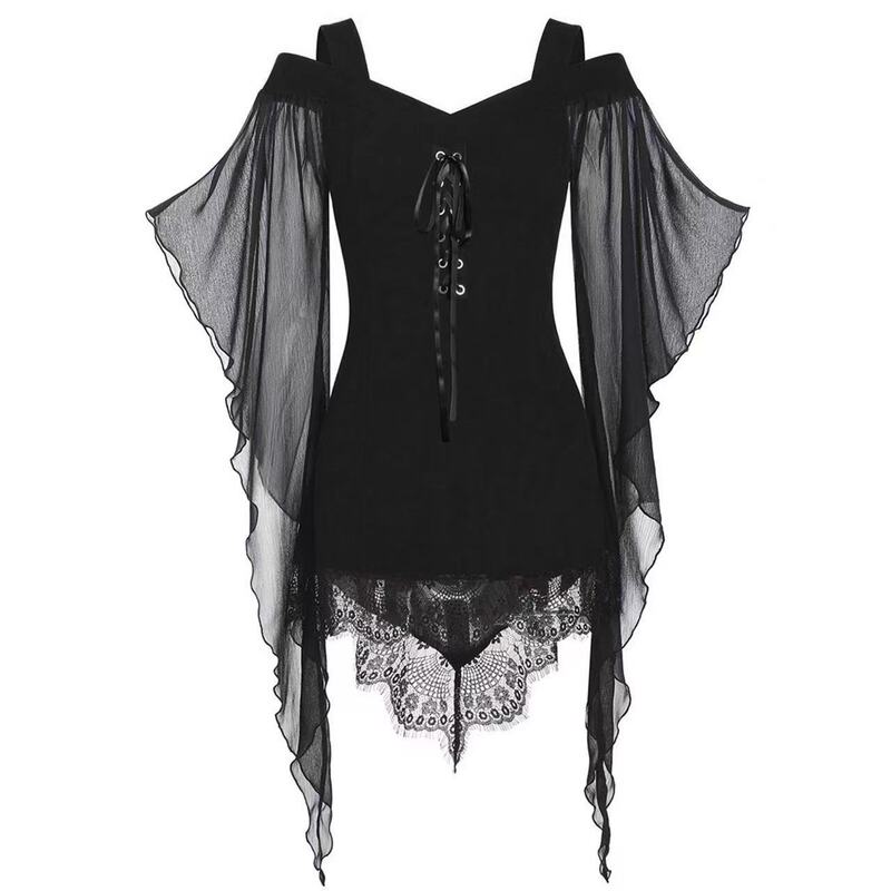 Cross-border New Gothic Large Swing Sleeve Irregular Stitching Lace Top Suspenders Lace Chiffon Shirt Black