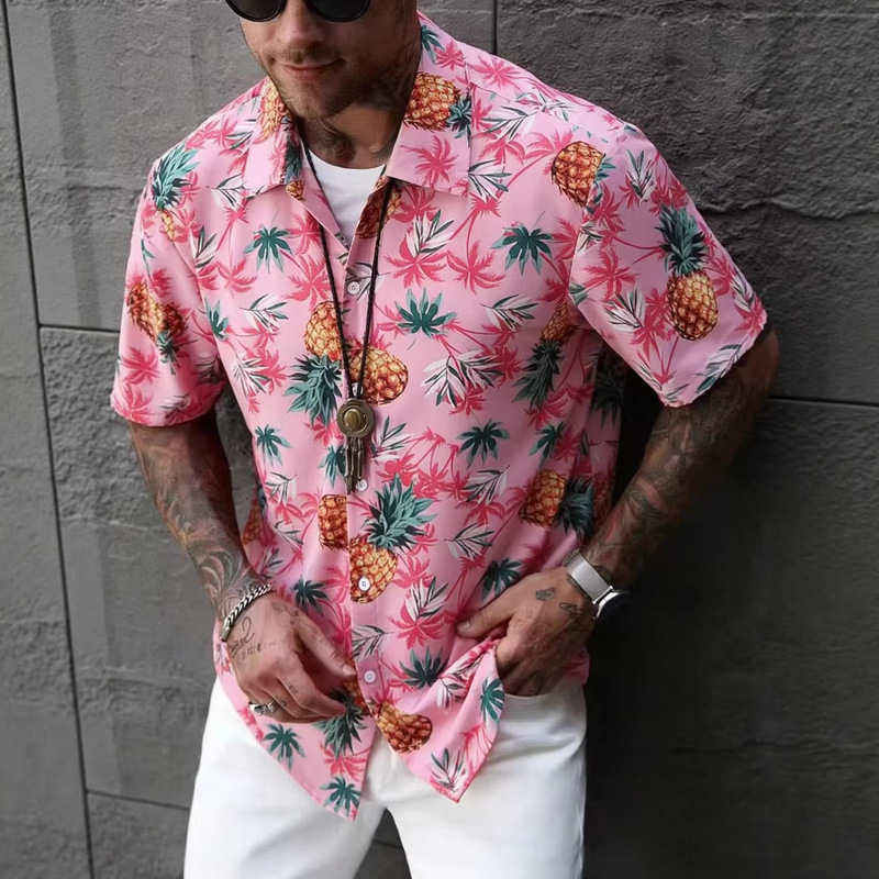 Fashion Men's Short Sleeve Shirt Pink Pineapple Pattern Print Men's Casual Shirt Hawaiian Style 2023 New