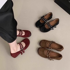 内增高铆钉小众设计感浅口单鞋女2025新款复古双排扣绒面玛丽珍鞋